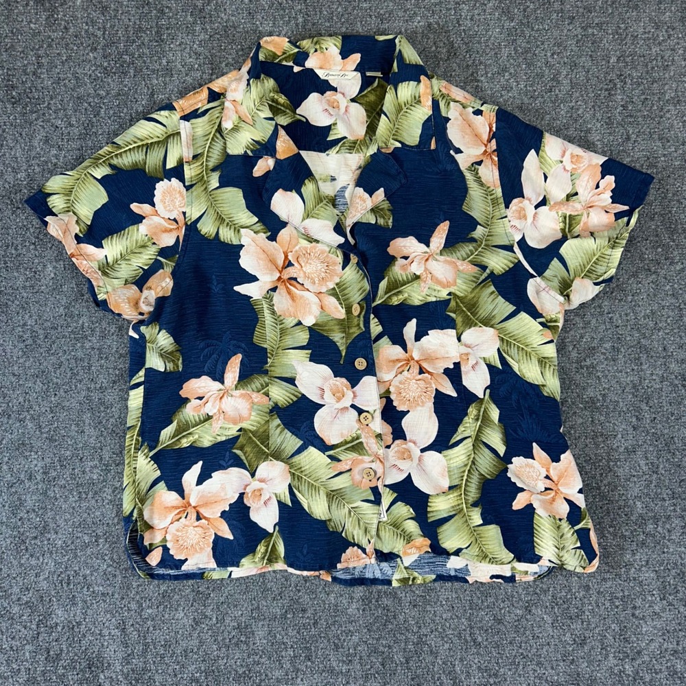 Bermuda Bay Womens 100% Silk Tropical Floral Button Up Camp Shirt Navy Blue L